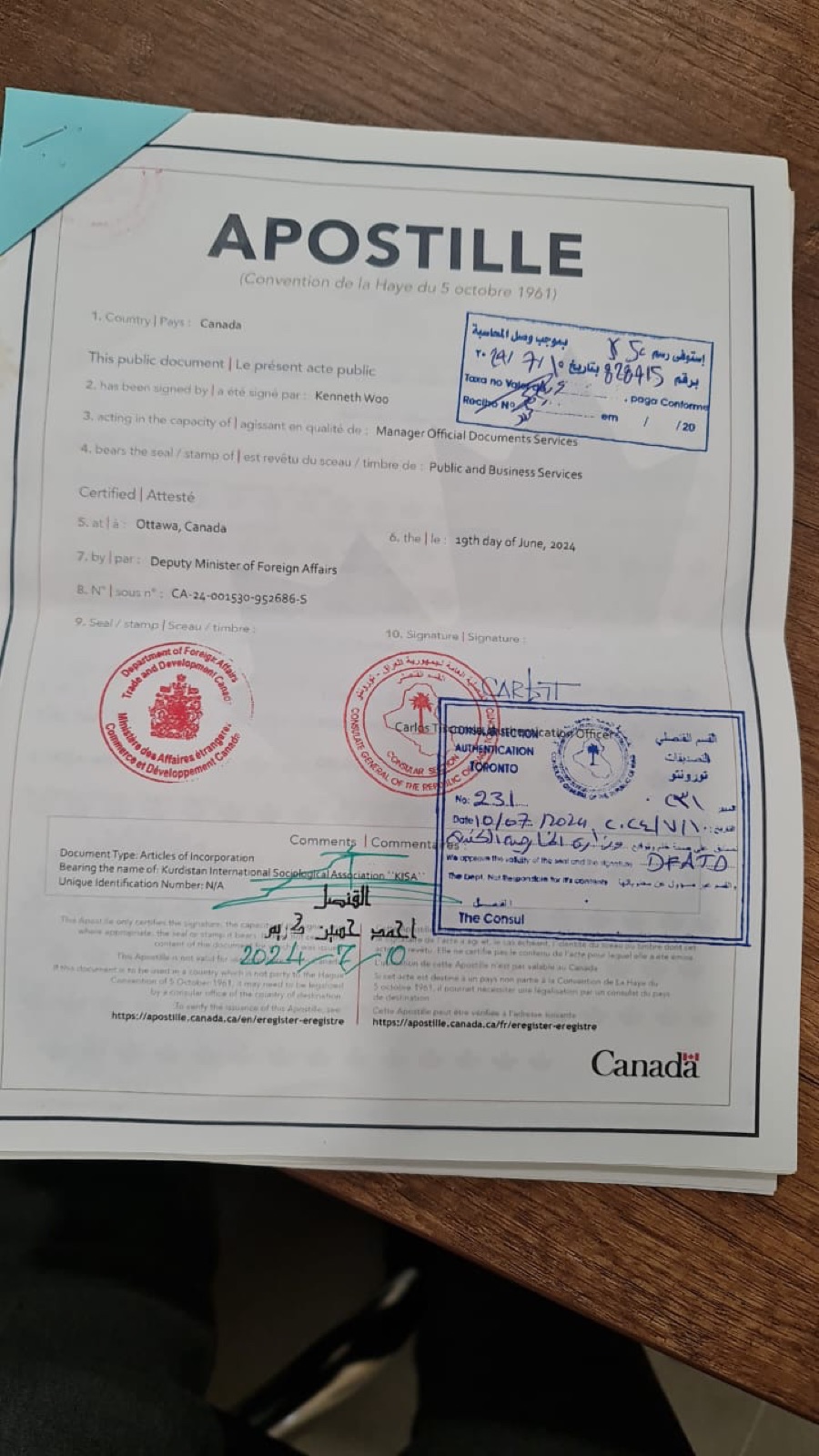 Canadian Apostille — Department of Foreign Affairs, Ottawa (June 2024)